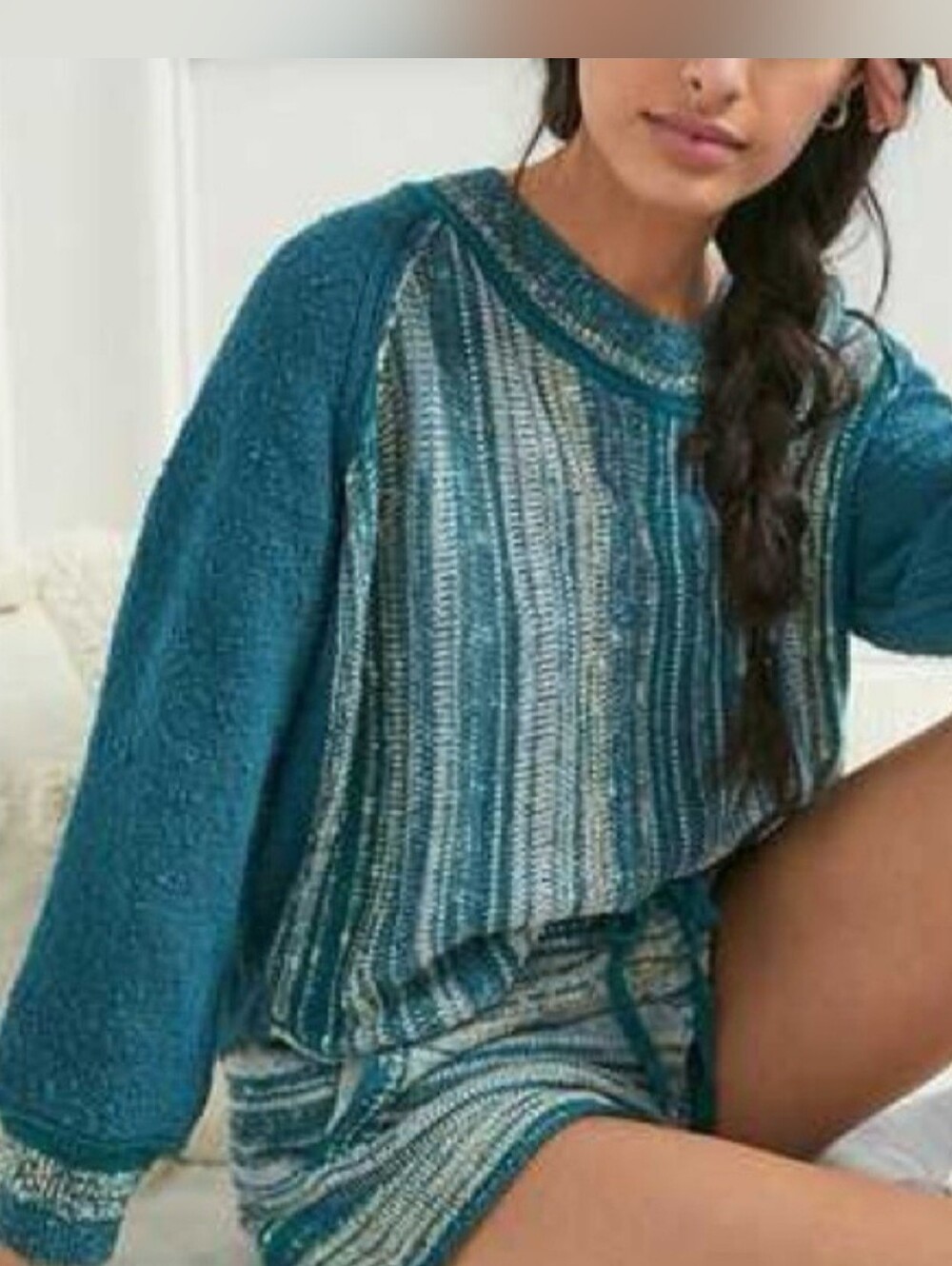 Anthropologie Daily Practice Sunrise Knit Lounge Top Teal Striped Women's XL